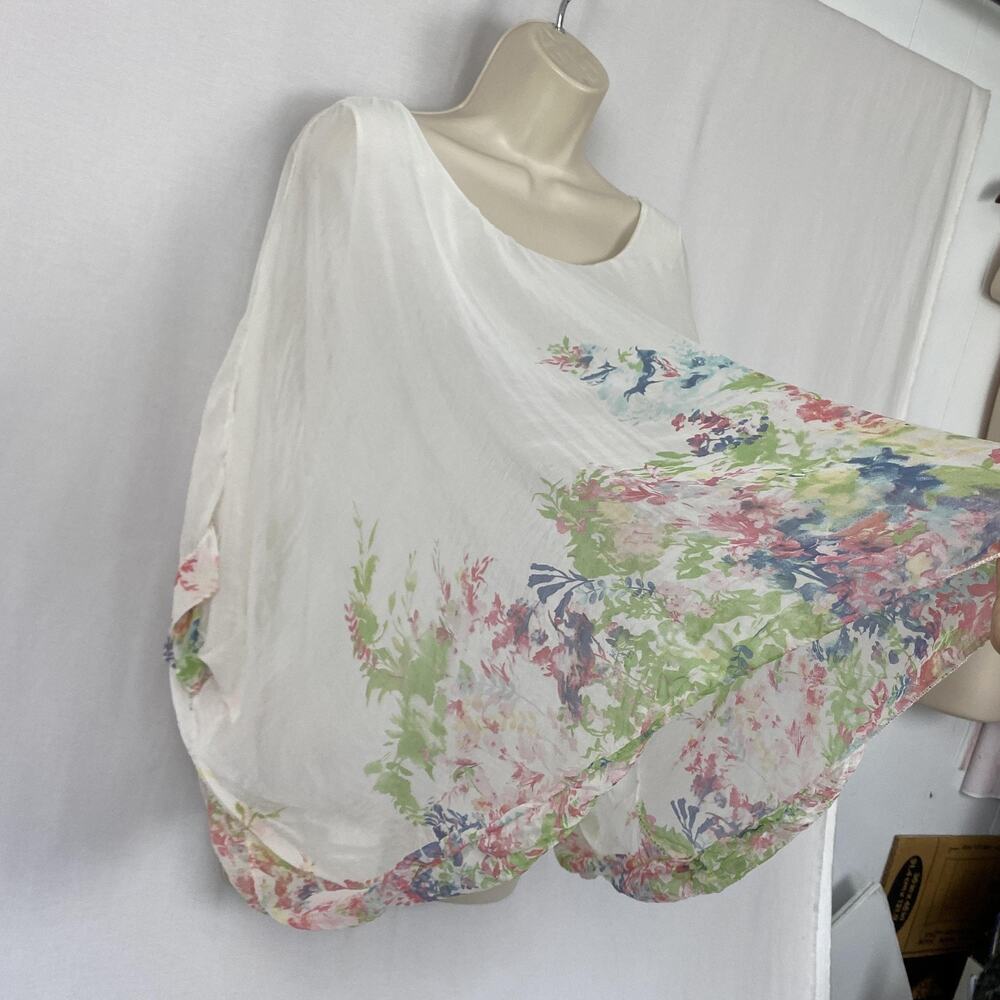 Elena Baldi Silk Kimono Top Women Medium White Floral Watercolor Italy Lagenlook - Picture 4 of 12